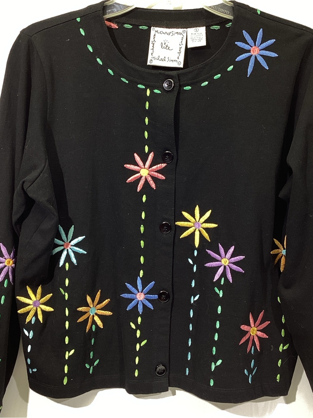 MIchael Simon Lite Cardigan Embroidered DAISY Flowers Colorful Whimsical Small